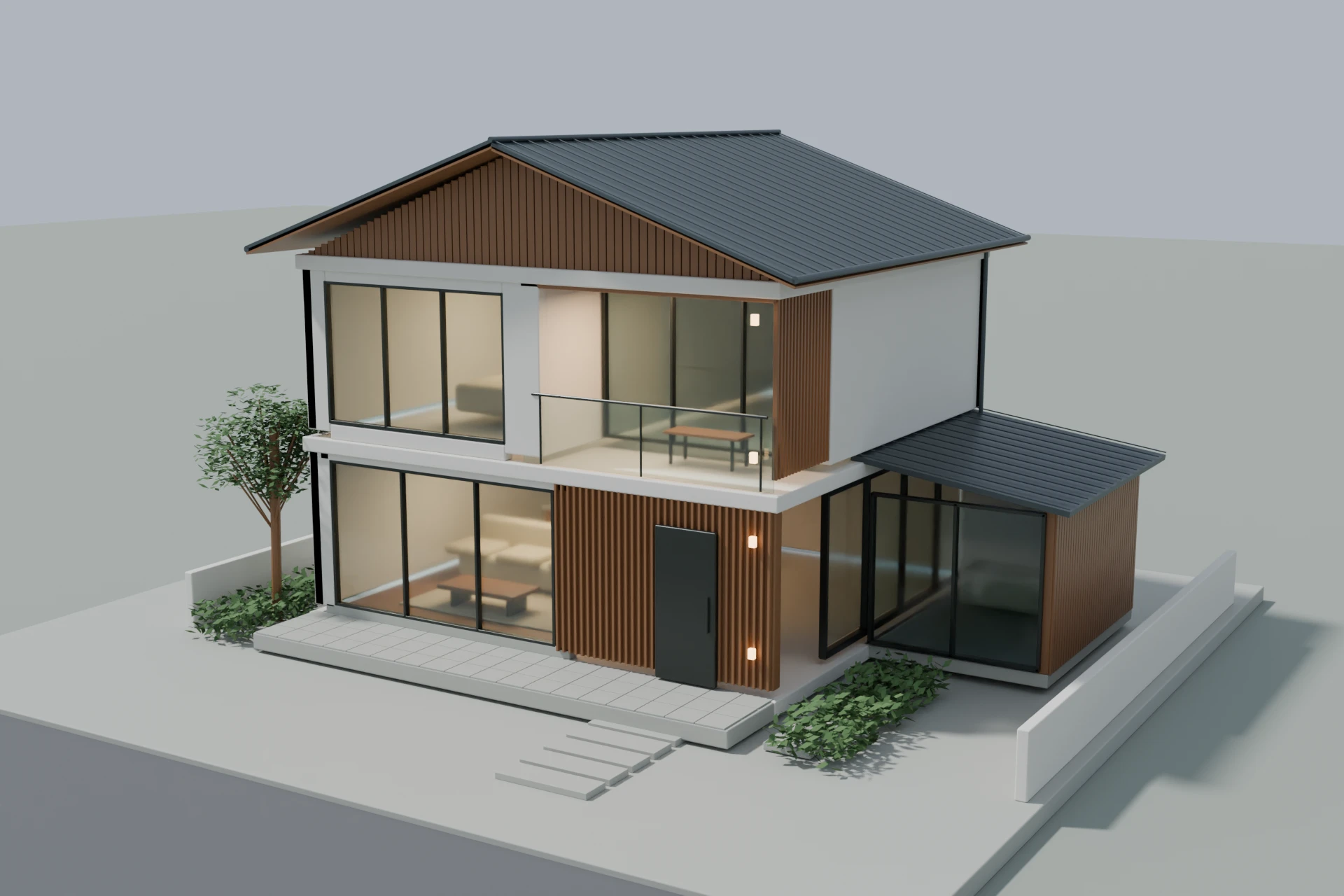切妻屋根の主棟と低層棟、木の軒裏と庭を組み合わせた自主制作住宅CGの昼景