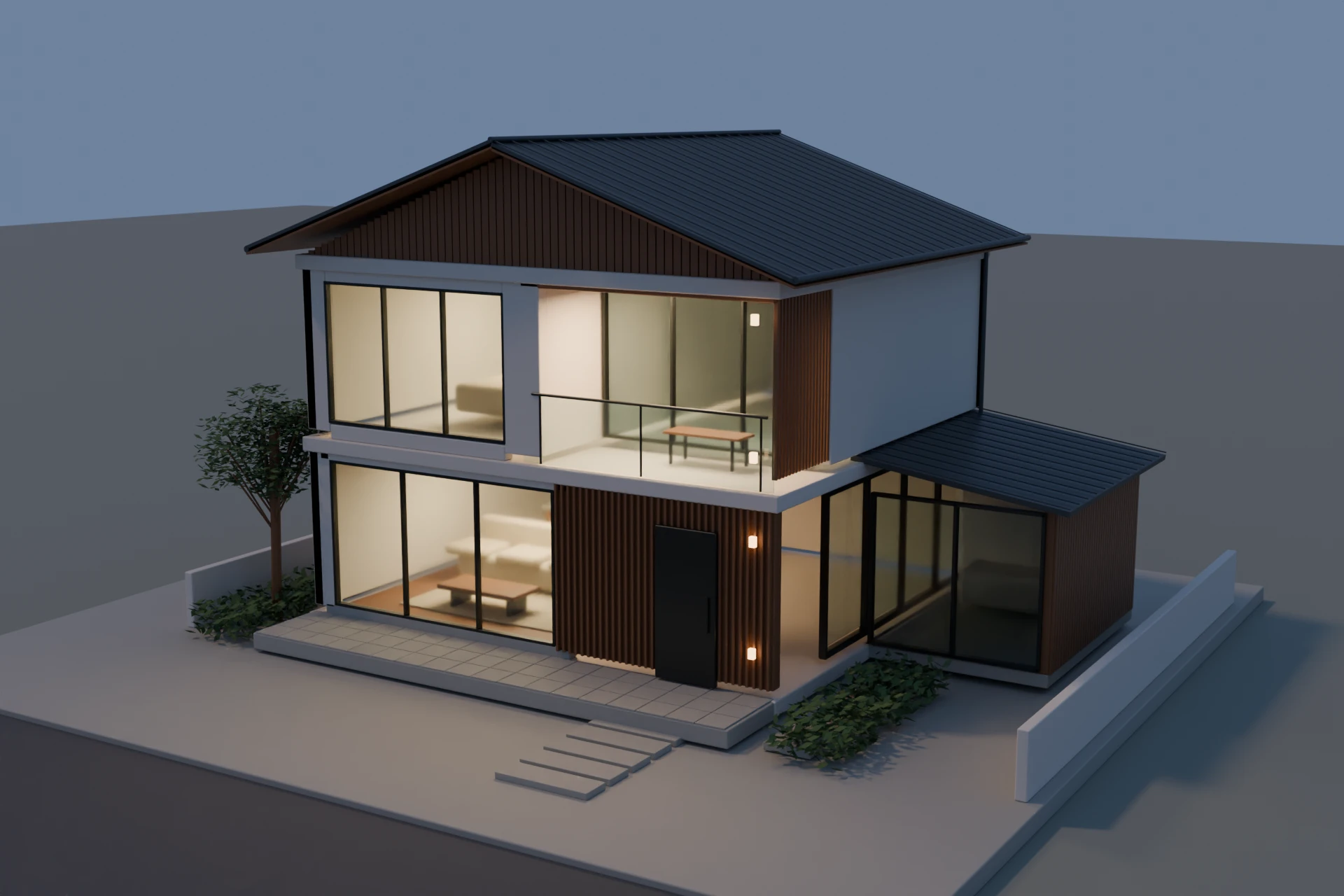 同じ住宅モデルを同じカメラで夕方の照明にしたCG